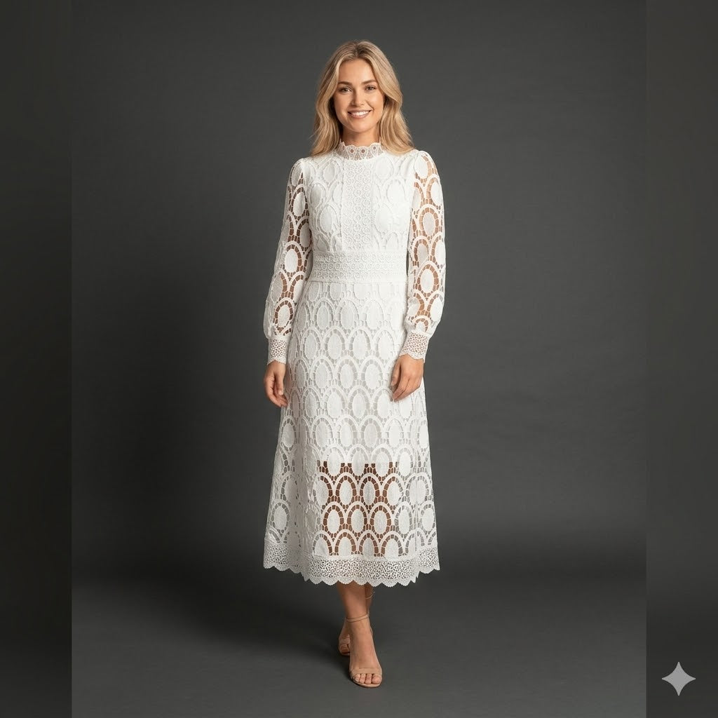 Melinda High-Neck Lace Midi Dress - White