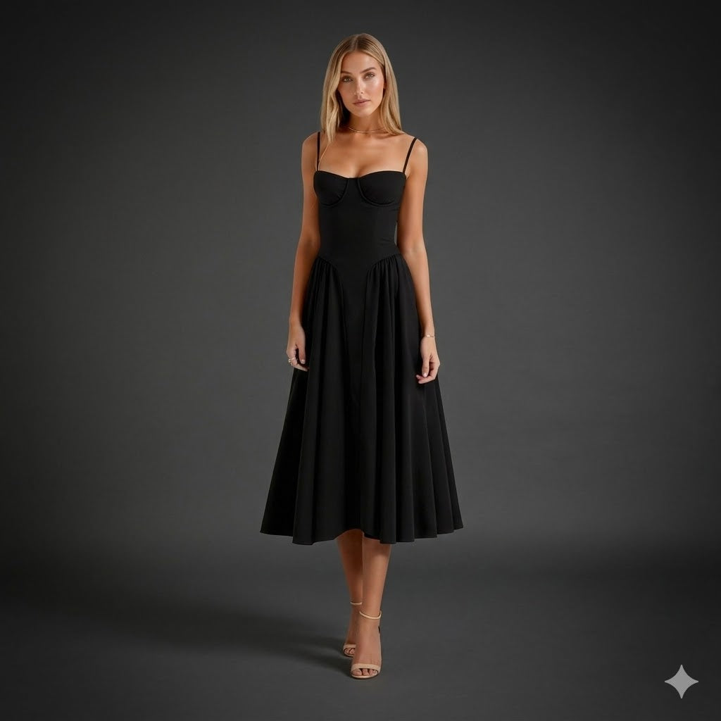 Freya Floral Corset Midi Dress - Black