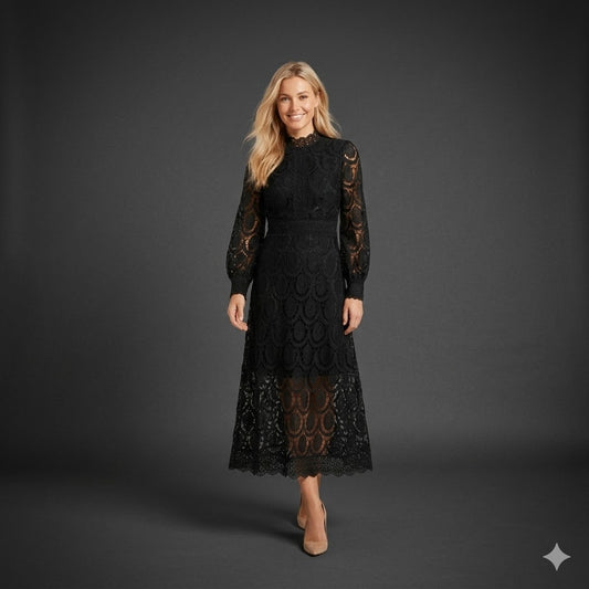 Melinda High-Neck Lace Midi Dress - Black