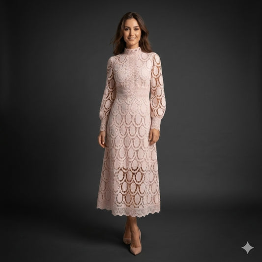 Melinda High-Neck Lace Midi Dress